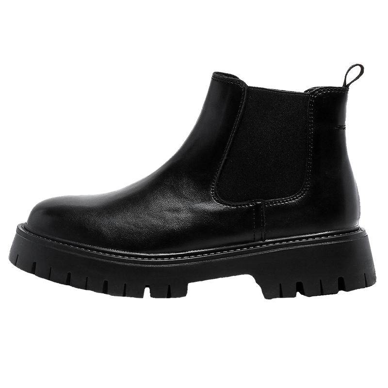 Schuhe mit dicker Sohle Herren Erhöhung Chelsea Boots Sozialleder Winter Kurze Stiefel Business Stiefel Leder Plüsch Runde Zehenschuhe 48 schwarz von Joom DACH