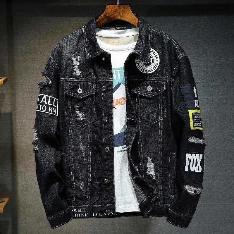 ThreeThree Frühling und Herbst Jeansjacke Herren Labeling Loose Casual Ripped Jeansjacke XXXXXL schwarz von Joom DACH