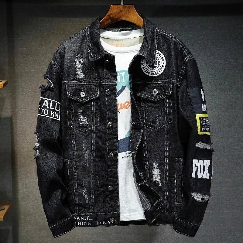 ThreeThree Frühling und Herbst Jeansjacke Herren Labeling Loose Casual Ripped Jeansjacke XXXXXL schwarz von Joom DACH