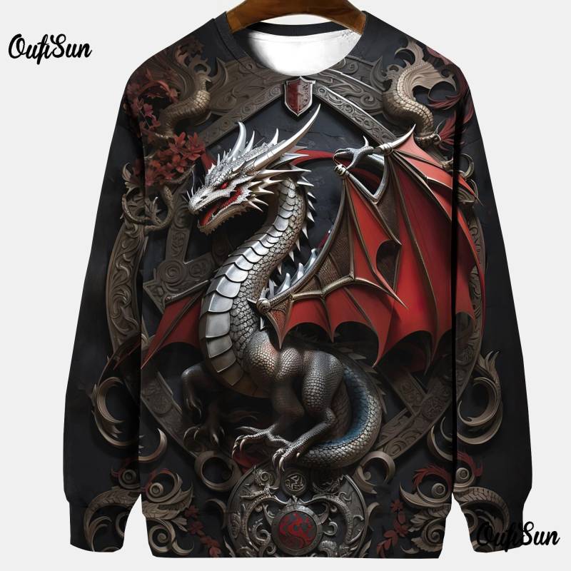 Tier-Kapuzenpullover für Herren, Sweatshirt ohne Hut, T-Shirts mit Drachen-Grafik, 3D-Druck, übergroße Herrenbekleidung, Oberteile, Pullover 6XL von Joom DACH