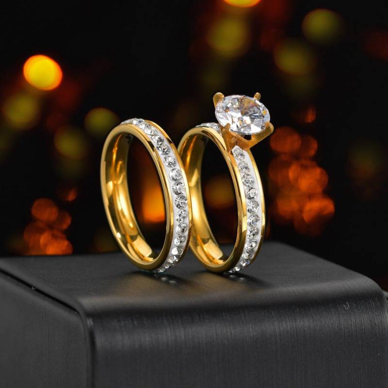 Titan Stahl Perlen Liebhaber Paar Gold Ringe Glanz Kristall Verlobung Hochzeit Versprechen Ring Frauen Männer Schmuck Schmuckstück Geschenk 7 von Joom DACH