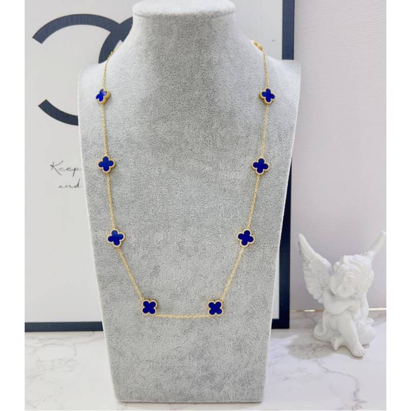 Titanstahl 10 Blumen vierblättriges Kleeblatt Halskette hochwertiger Luxus Damen Schlüsselbeinkette Schmuck dunkelblaue von Joom DACH