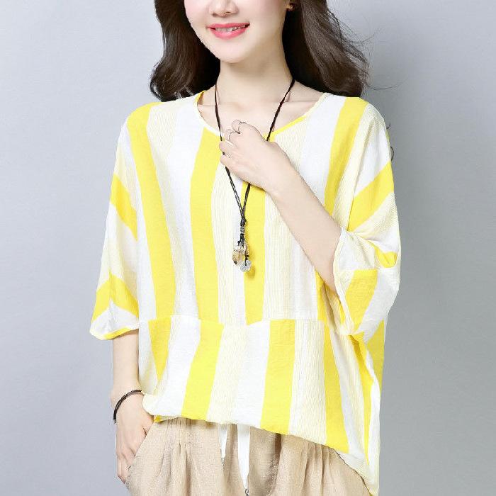 Top Fünf-Viertel-Ärmel für Damen-Sommerbekleidung Neues Fettes Mm Lockeres Slim Fledermaus-Shirt Lässiges Eis-Seide Gestreiftes T-Shirt für Damen 4XL gelb von Joom DACH