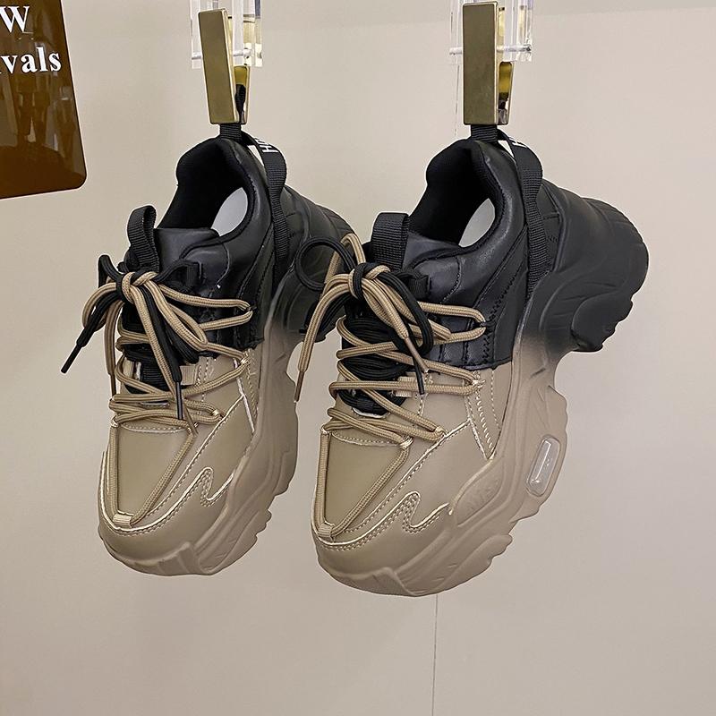 Top-Qualität Leder Plateauschuhe Damen High Heel Sneakers Round Toe Dad Schuhe Dicke Sohle Sneakers 35 khaki von Joom DACH