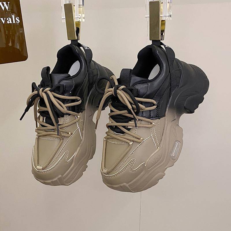 Top-Qualität Leder Plateauschuhe Damen High Heel Sneakers Round Toe Dad Schuhe Dicke Sohle Sneakers 35 khaki von Joom DACH