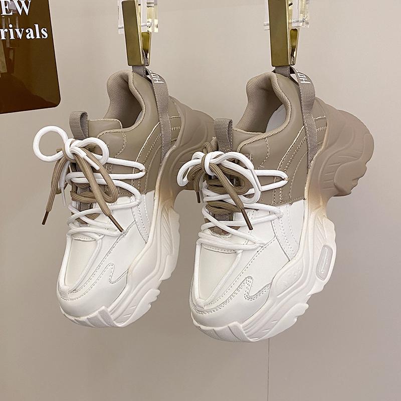 Top-Qualität Leder Plateauschuhe Damen High Heel Sneakers Round Toe Dad Schuhe Dicke Sohle Sneakers 39 weiß von Joom DACH