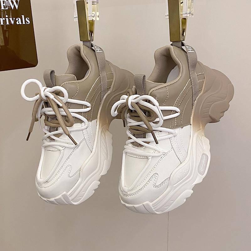 Top-Qualität Leder Plateauschuhe Damen High Heel Sneakers Round Toe Dad Schuhe Dicke Sohle Sneakers 39 weiß von Joom DACH