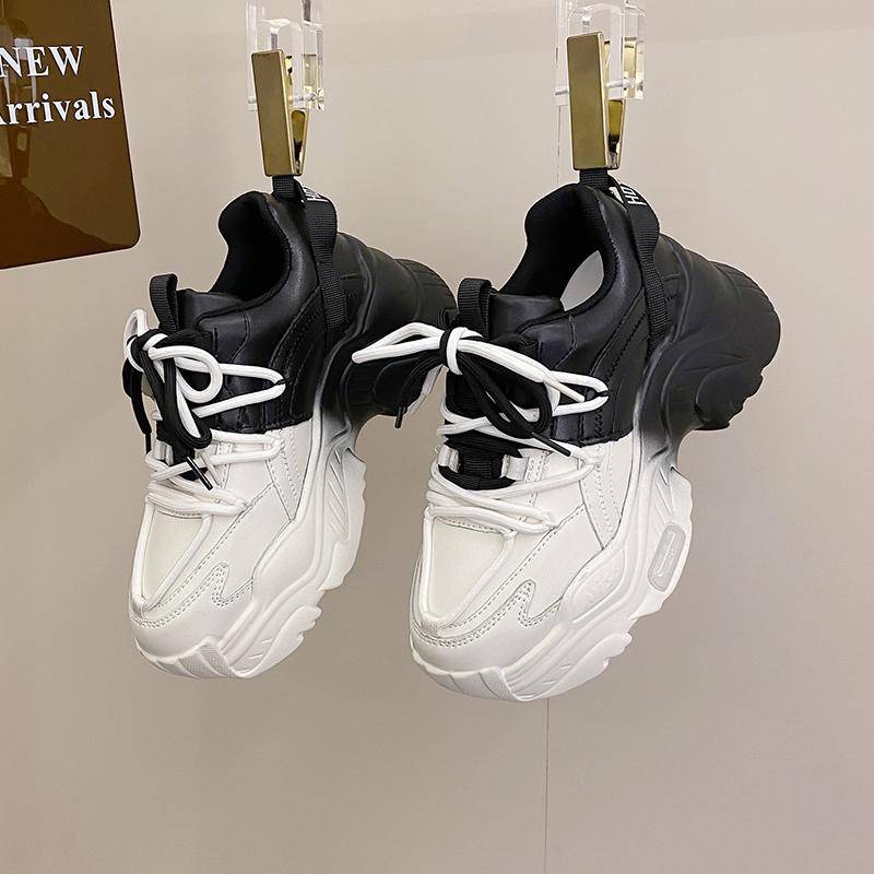 Top-Qualität Leder Plateauschuhe Damen High Heel Sneakers Round Toe Dad Schuhe Dicke Sohle Sneakers 41 schwarz von Joom DACH