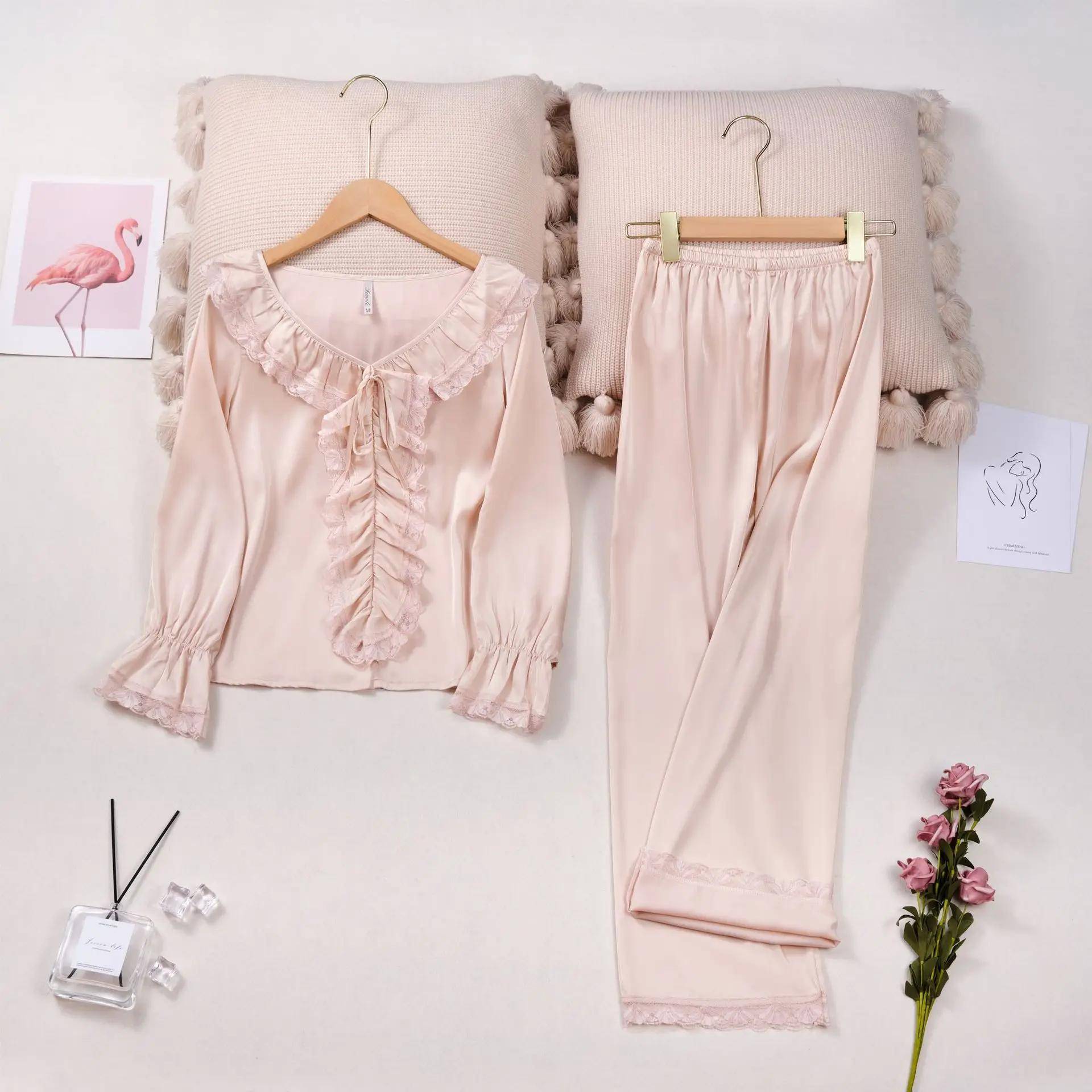 Tops Damen Satin Pyjamas Rüschen Spitze Pyjama Set 2 Stück Lounge Wear Loose Lounge Wear Pyjamas XL von Joom DACH