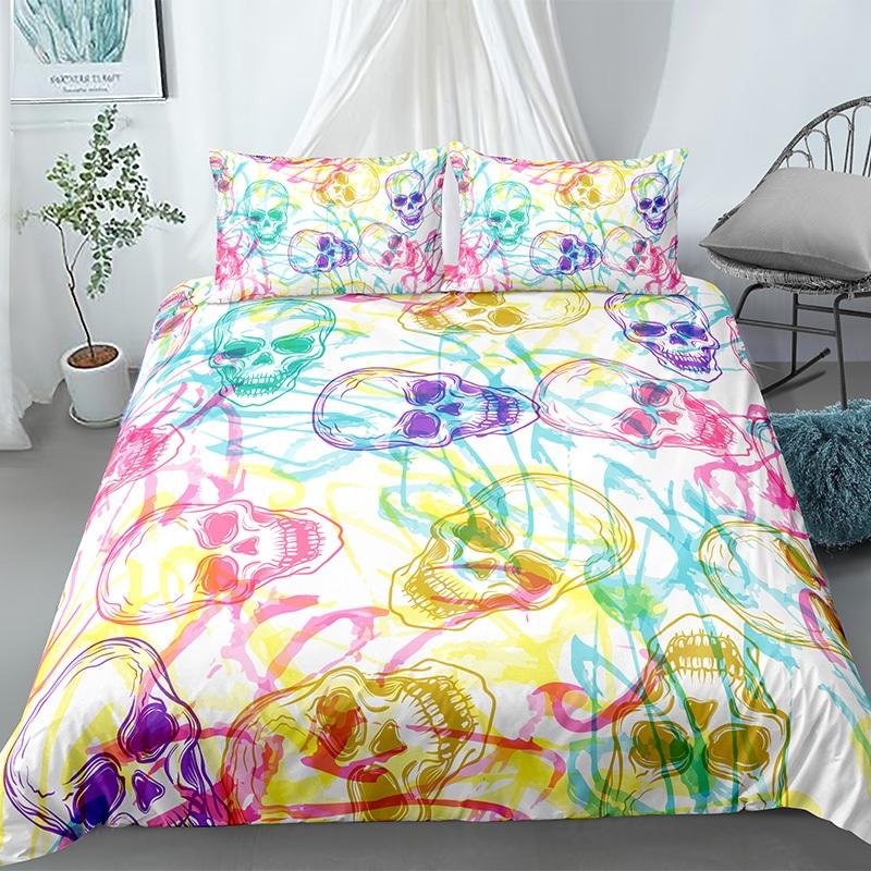 Totenkopf Bettbezug Set Bunte Hüte Horror Gothic Thema Knochen Skelett Muster Polyester Bettdeckenbezug King Size Für Jungen Teenager EU single(135x200cm) von Joom DACH