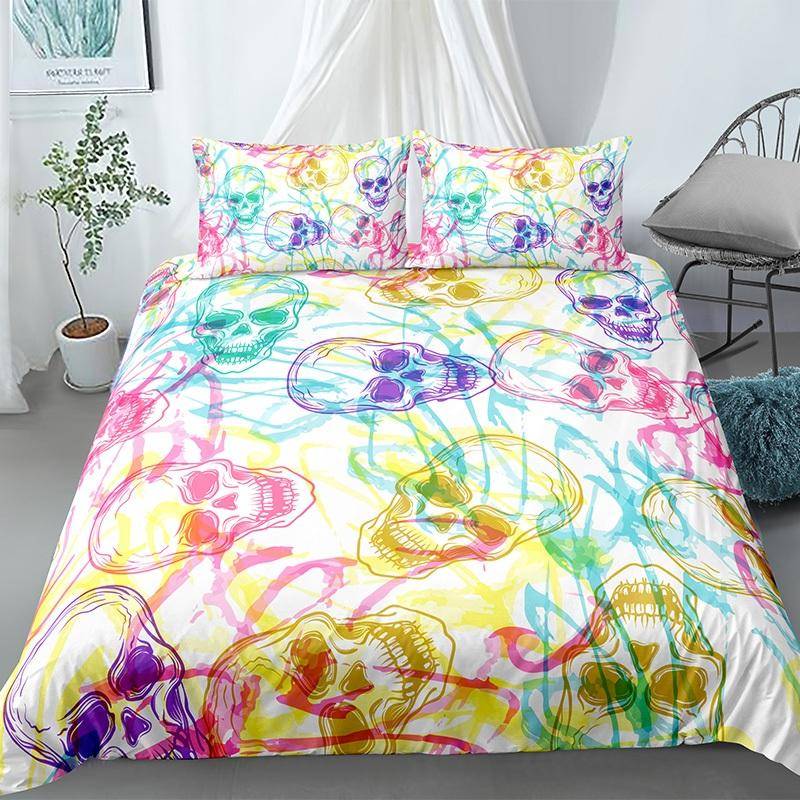 Totenkopf Bettbezug Set Bunte Hüte Horror Gothic Thema Knochen Skelett Muster Polyester Bettdeckenbezug King Size Für Jungen Teenager EU single(135x200cm) von Joom DACH