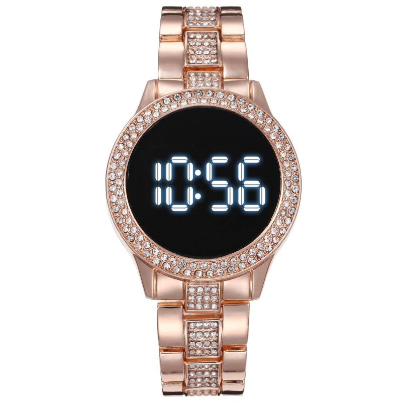 Touchscreen LED Digital Frauen Uhr Strass Damen Edelstahl Armbanduhren Quarz Uhren rose gold von Joom DACH