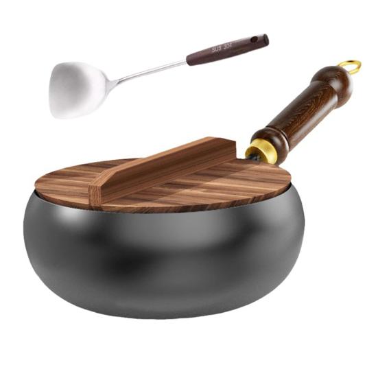 Traditioneller Wok-Topf, handgeschmiedeter Gusseisentopf, große bauchige Bratpfanne zum Braten von Suppen, einzigartiges Küchengeschirr aus Eisen 24cm A von Joom DACH