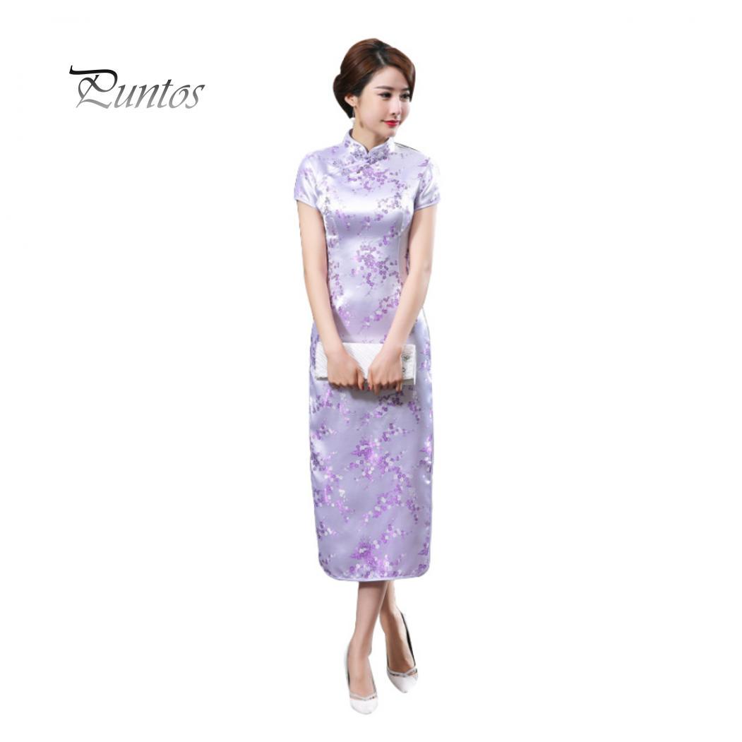 Traditionelles chinesisches Frauen-langes Cheongsam-Brautjungfer-Kurzarm-Abendkleid S licht lila von Joom DACH