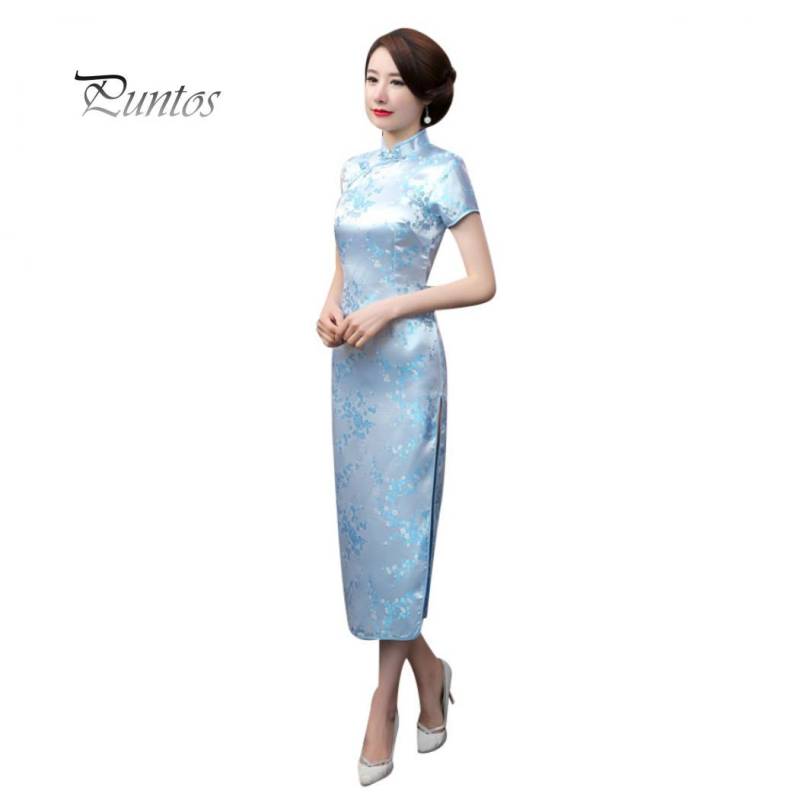 Traditionelles chinesisches Frauen-langes Cheongsam-Brautjungfer-Kurzarm-Abendkleid XL himmelblaue von Joom DACH