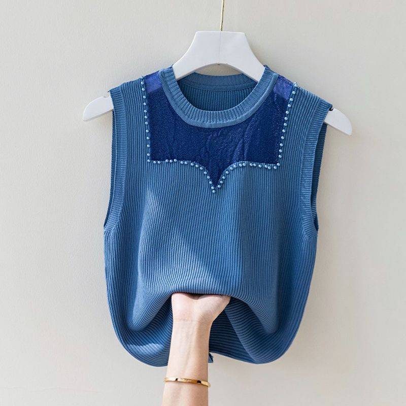 Trägerweste, Damen-Rundhalsausschnitt, Mesh, Temperament, Nagelperle, ärmelloser Strickpullover, Sommertop 4XL blau von Joom DACH