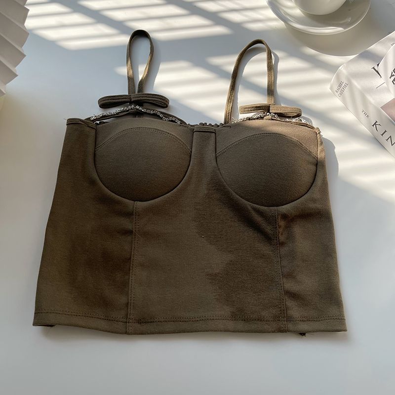 Trägerweste Damen Integriertes BH-Pad Geraffte BH-Unterwäsche Anti-Licht Oberbekleidung Top Kurze M khaki von Joom DACH