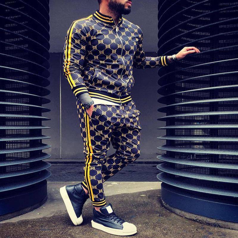 Trainingsanzug Männer Hülsen-track-sportmode Herren Set Zipper jacke anzug Langarm streifen Mantel + Hosen Turnhallen Männer Set Casual Sportswear Anzug XXL von Joom DACH