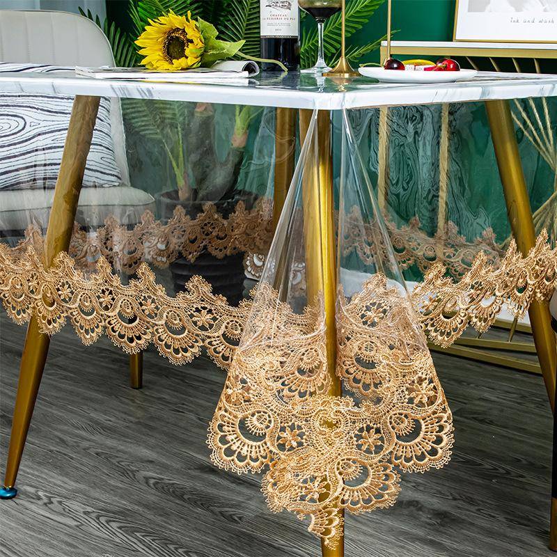 Transparente Tischdecke aus weicher Glasspitze, weiches PVC, staubdicht und leicht zu reinigen, wasserdicht, besticktes quadratisches Kissen 130*130cm von Joom DACH