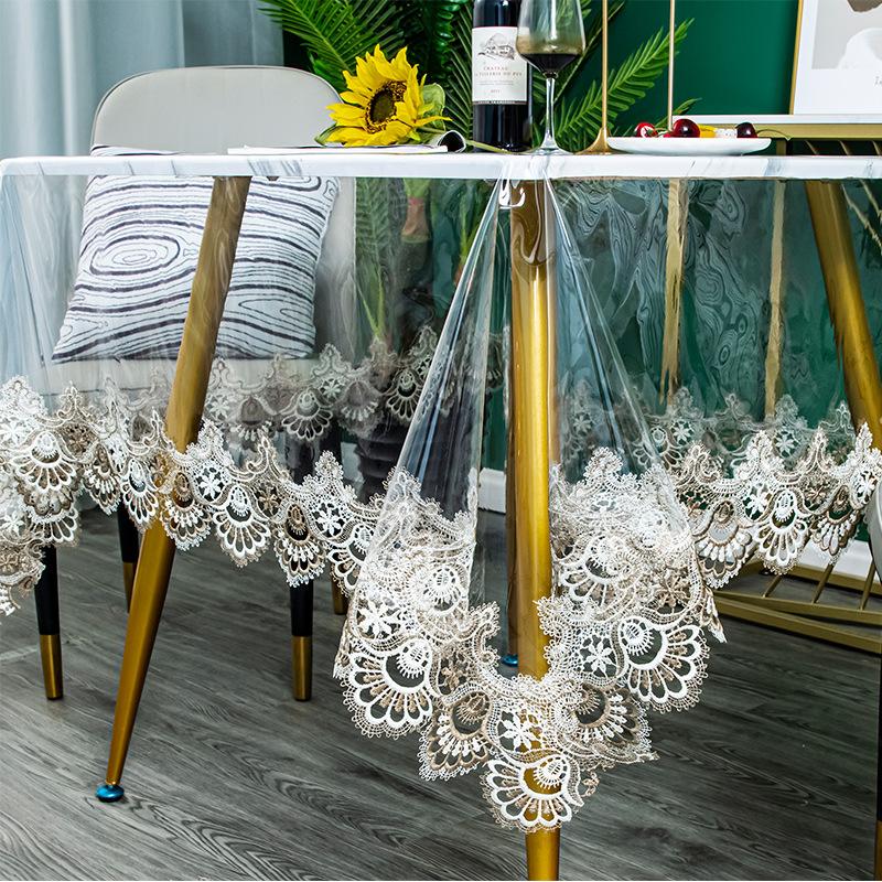 Transparente Tischdecke aus weicher Glasspitze, weiches PVC, staubdicht und leicht zu reinigen, wasserdicht, besticktes quadratisches Kissen 150*150cm von Joom DACH