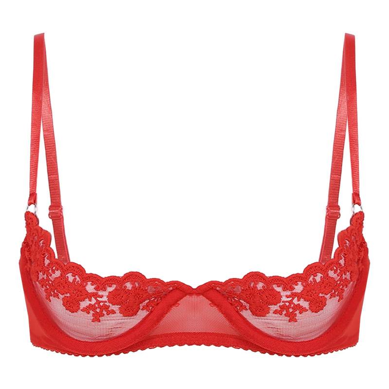 Transparenter Damen-Bügel-BH mit floraler Spitze, Unterwäsche, verstellbarer Riemen, ungefütterter Büstenhalter L rot von Joom DACH