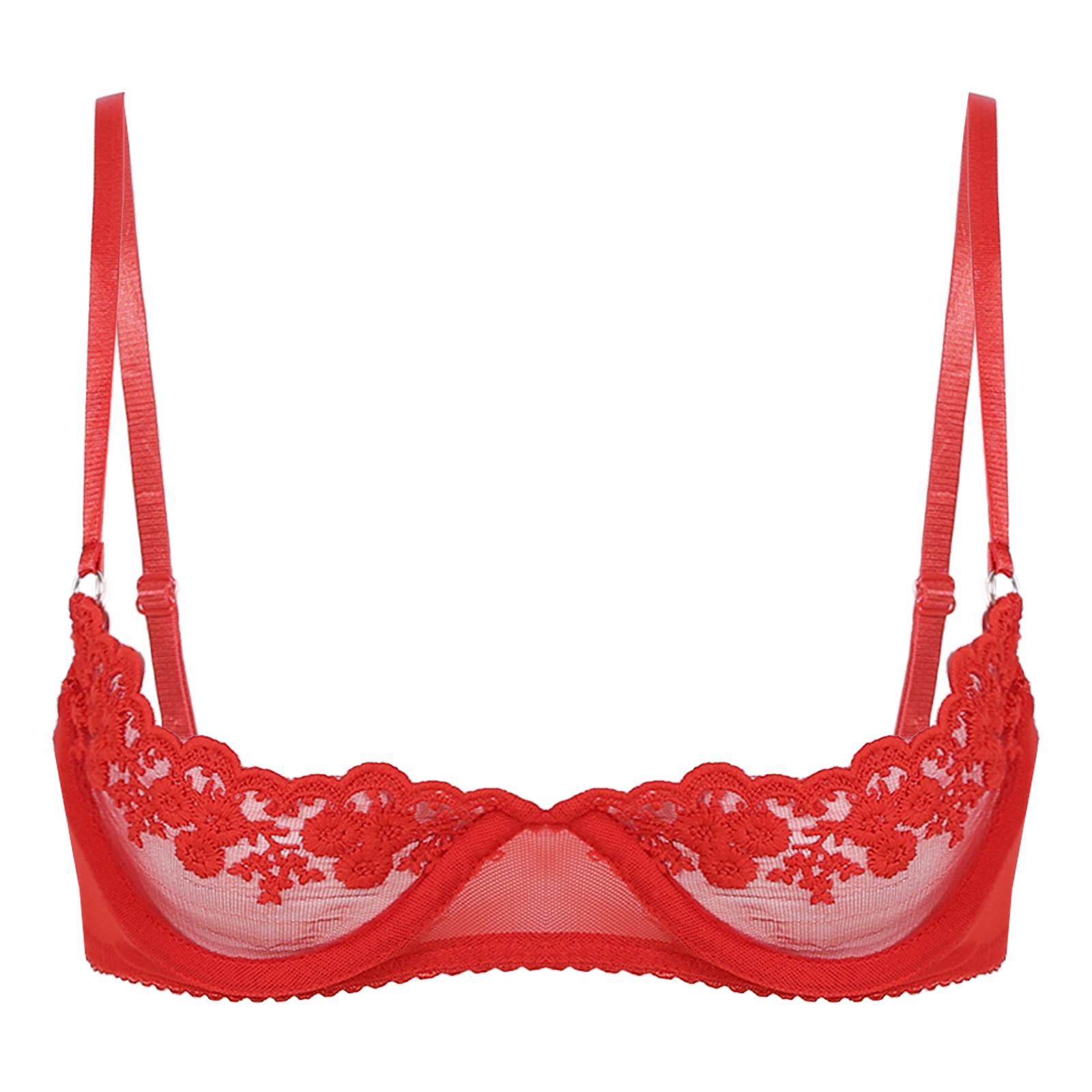 Transparenter Damen-Bügel-BH mit floraler Spitze, Unterwäsche, verstellbarer Riemen, ungefütterter Büstenhalter XL rot von Joom DACH