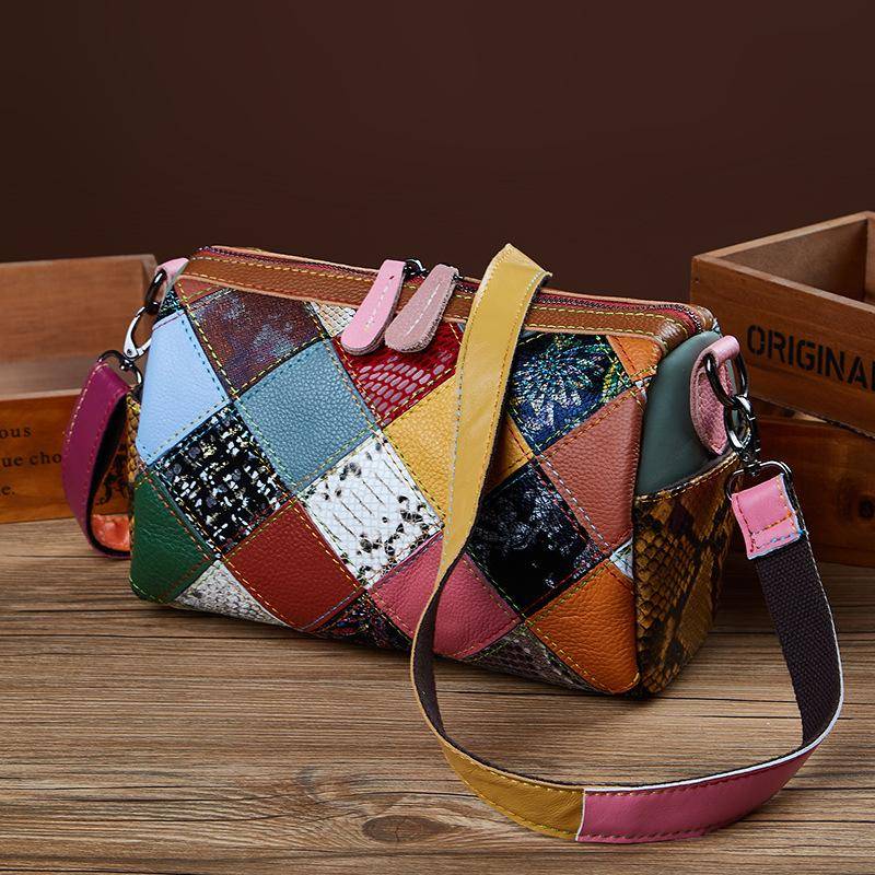 Trendige Patchwork-Kissentasche aus Leder für Frühling und Sommer, bunte kleine Tasche mit Schlangenmuster, Umhängetasche für Damen mit einer Schulter von Joom DACH