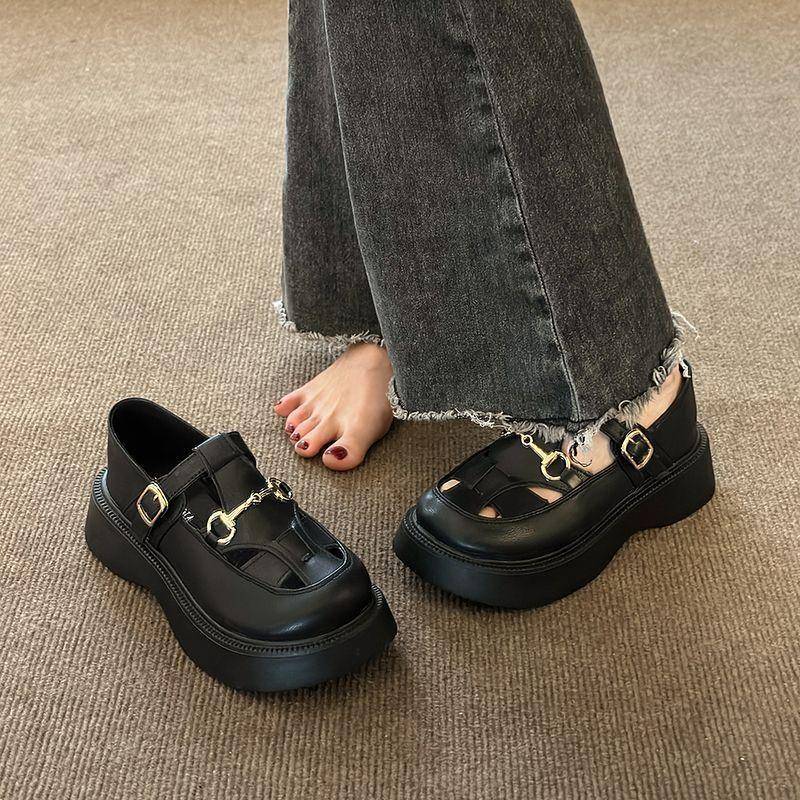 Trendige Plateau-Lederschuhe Damen Frühling und Sommer Neu Plateau-Boden Schnürung Cut-Out Big Head Pumps Studenten 40 von Joom DACH