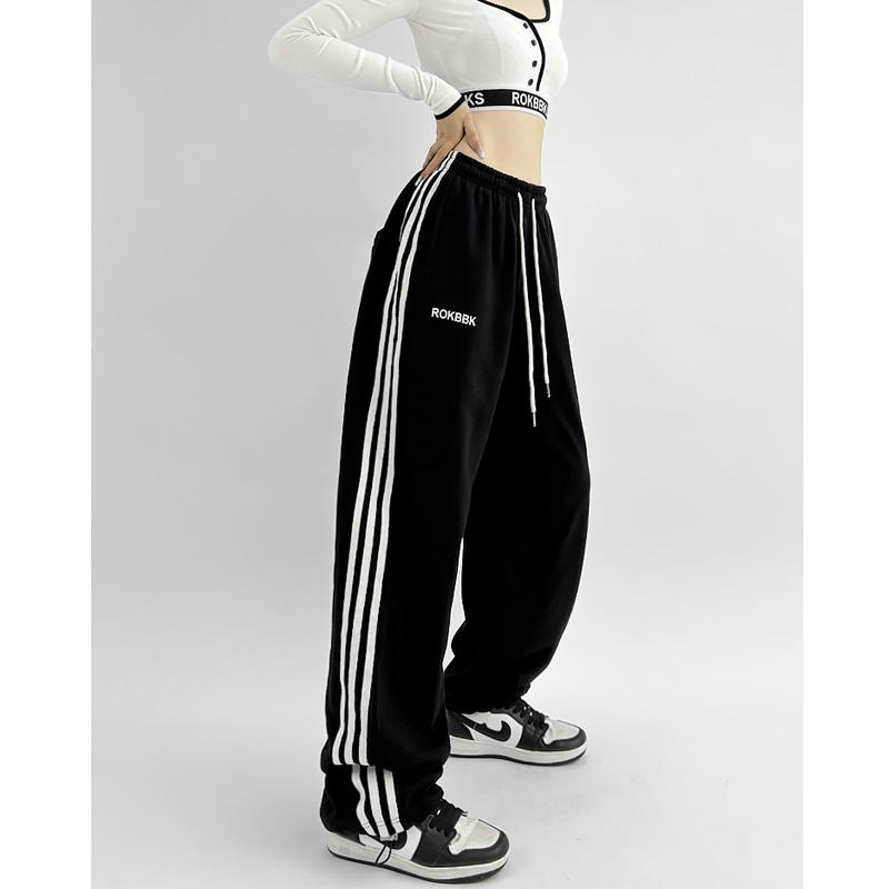 Trendy Brand Three Bar Sporthose für Damen Hip-Hop Loose Casual Wide Leg Pants M schwarz von Joom DACH