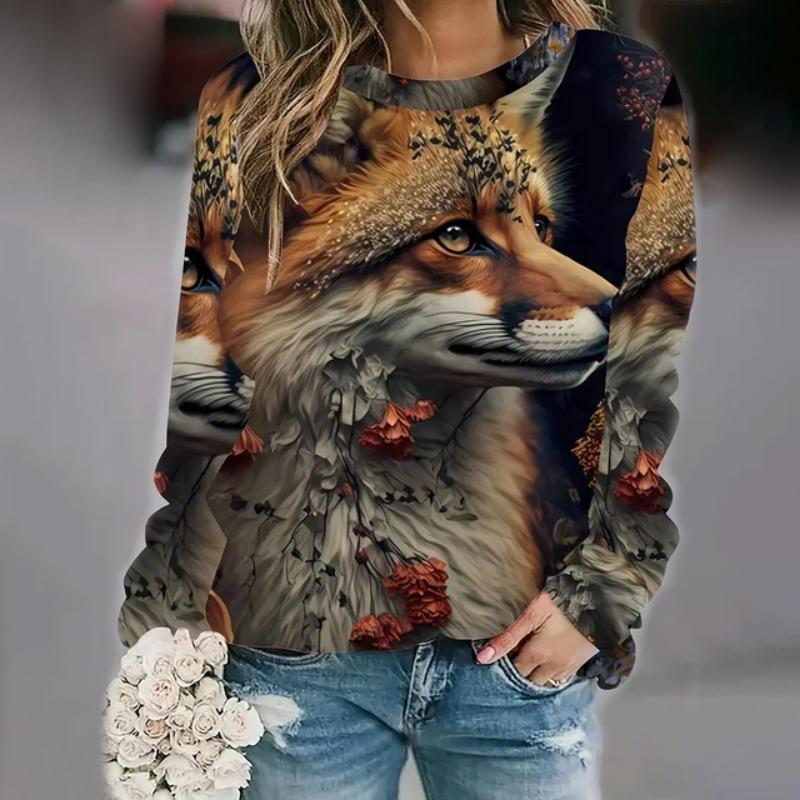 Trendy Casual Damen Tops 3D Fuchs Gedruckt Rundhals Langarm Shirts & Blusen Herbst & Winter Sweatshirts Weibliche Kleidung L von Joom DACH