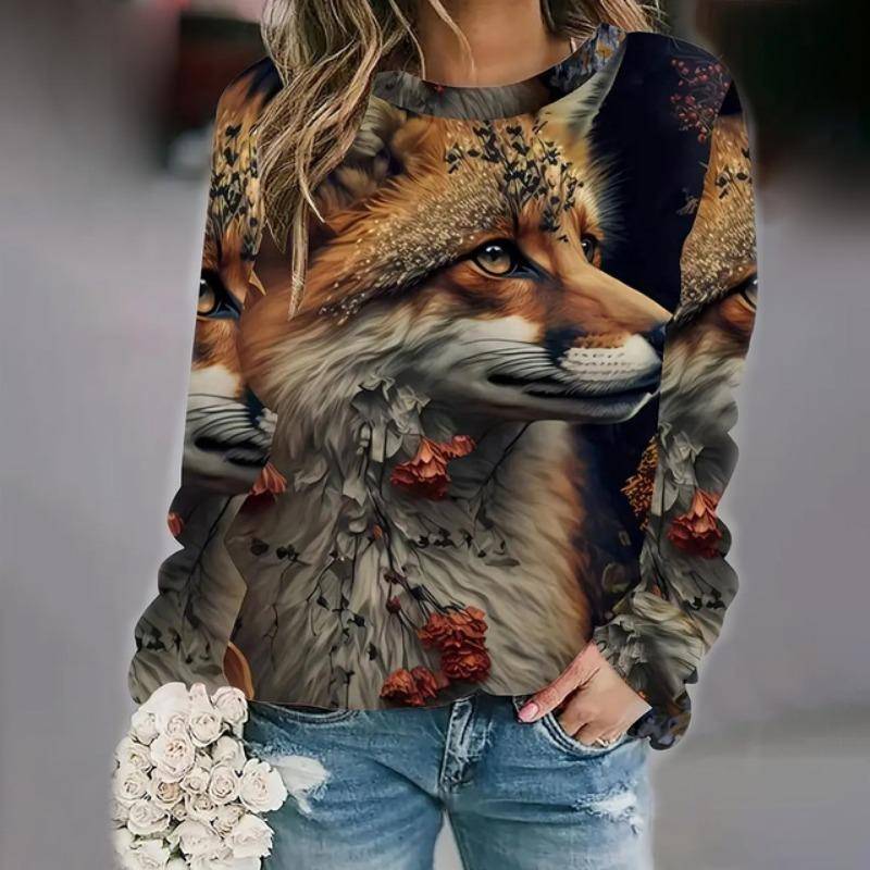 Trendy Casual Damen Tops 3D Fuchs Gedruckt Rundhals Langarm Shirts & Blusen Herbst & Winter Sweatshirts Weibliche Kleidung L von Joom DACH