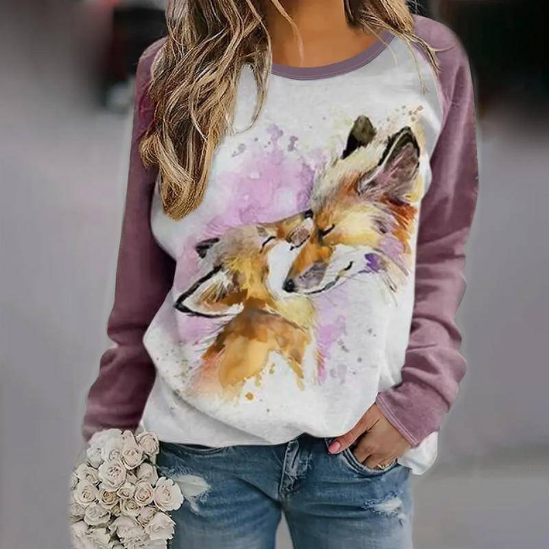 Trendy Casual Damen Tops 3D Fuchs Gedruckt Rundhals Langarm Shirts & Blusen Herbst & Winter Sweatshirts Weibliche Kleidung L von Joom DACH