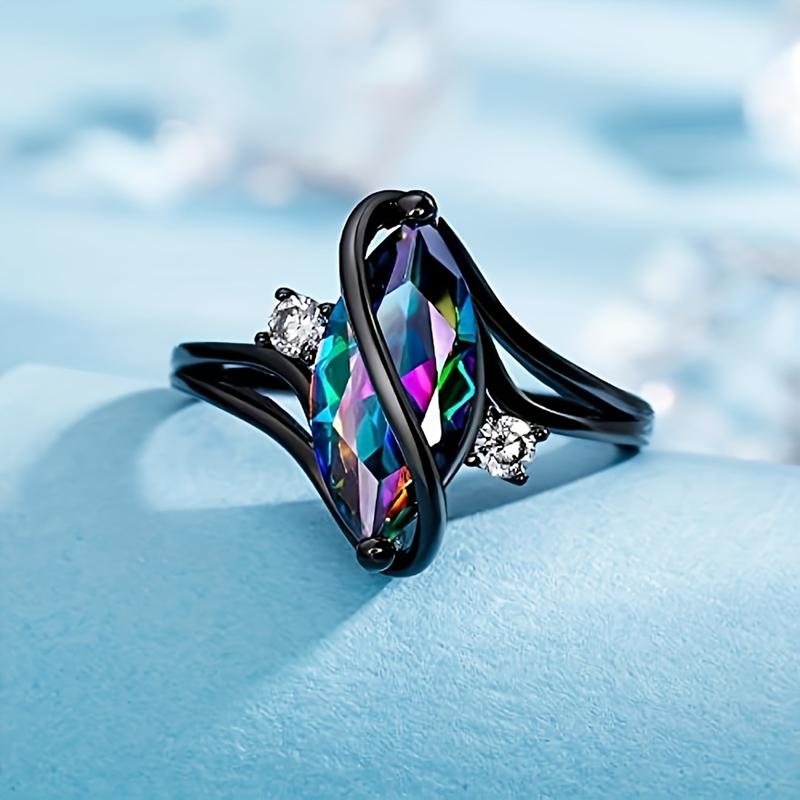 Trendy Geometrische Schwarz Gold Farbe Ringe Marquise Form Regenbogen Zirkon Ringe für Frauen Party Geburtstag Geschenke Kreative Schmuck 10 bunt/schwarz von Joom DACH