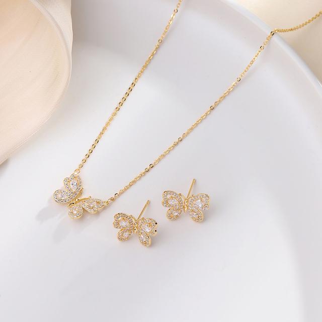 Trendy Schmetterling Schmuck Sets Pave Zirkon Glänzende Strass Vergoldet Schlüsselbein Kette Ohrringe Frauen Mädchen Elegante Accessoires 40cm von Joom DACH