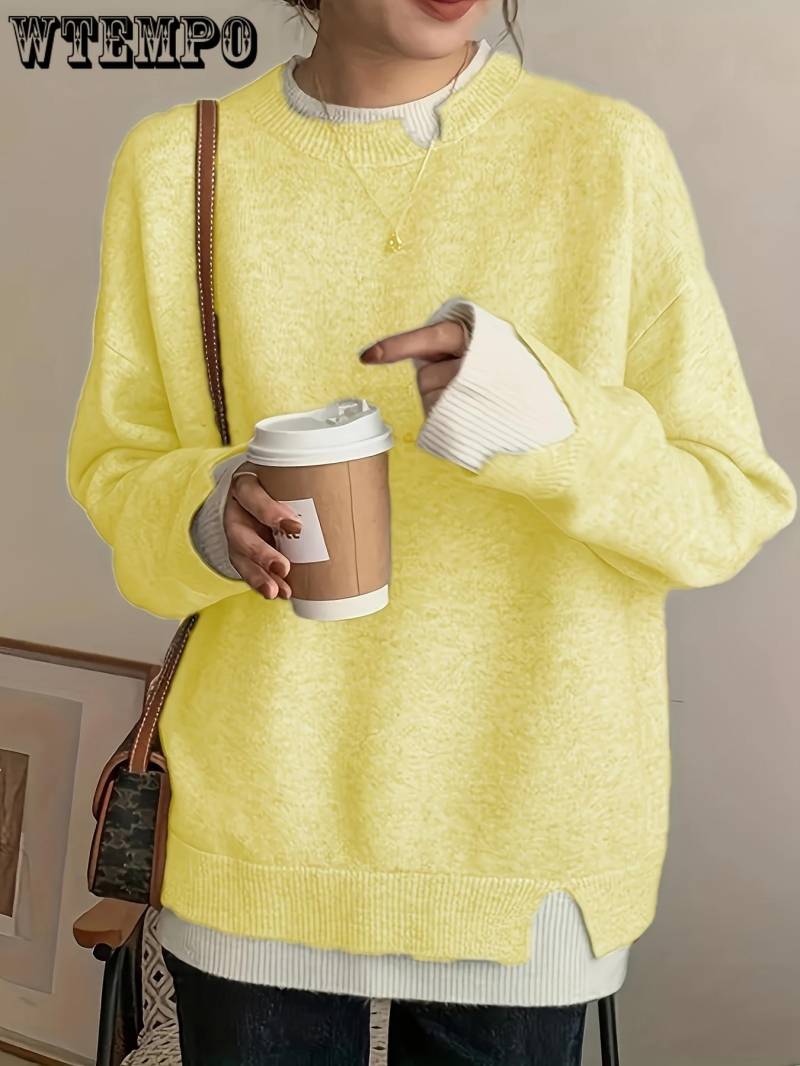 Übergröße 2-in-1 Colorblock Strickpullover, Lässiger Langarm-Pullover für Herbst & Winter, Damen Übergrößen-Bekleidung One Size gelb von Joom DACH