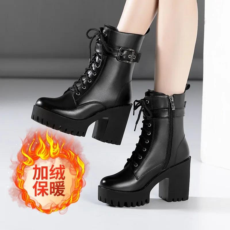 Übergröße 32-43 Plateau-Schuhe Damen Stiefeletten Leder 2025 Herbst Winter High Heels Stiefel Damen Plüsch Motorrad Botas 36 von Joom DACH