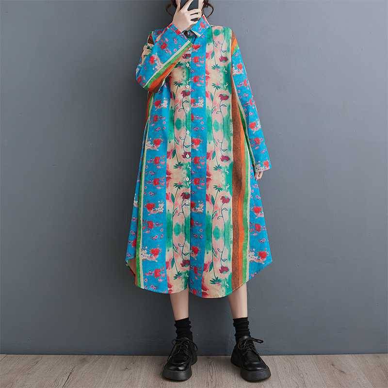 Übergröße Blusenkleid Damen Neuer Frühlingsstil Strandkleid Langes Kleid Mode Locker Lässig Druckkleider One Size von Joom DACH