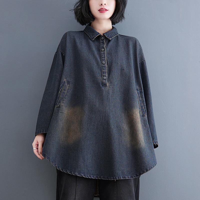 Übergröße Damen Bluse Hemden Einfarbig Langarm Denim Damenstil Mode Blaue Bluse XXL blau von Joom DACH