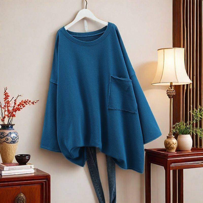 Übergröße Damen Einfarbig Langarm Tasche Kapuzenpullover Frühling Herbst Locker Lässig Übergroße Oberteile Pullover XXL blau von Joom DACH