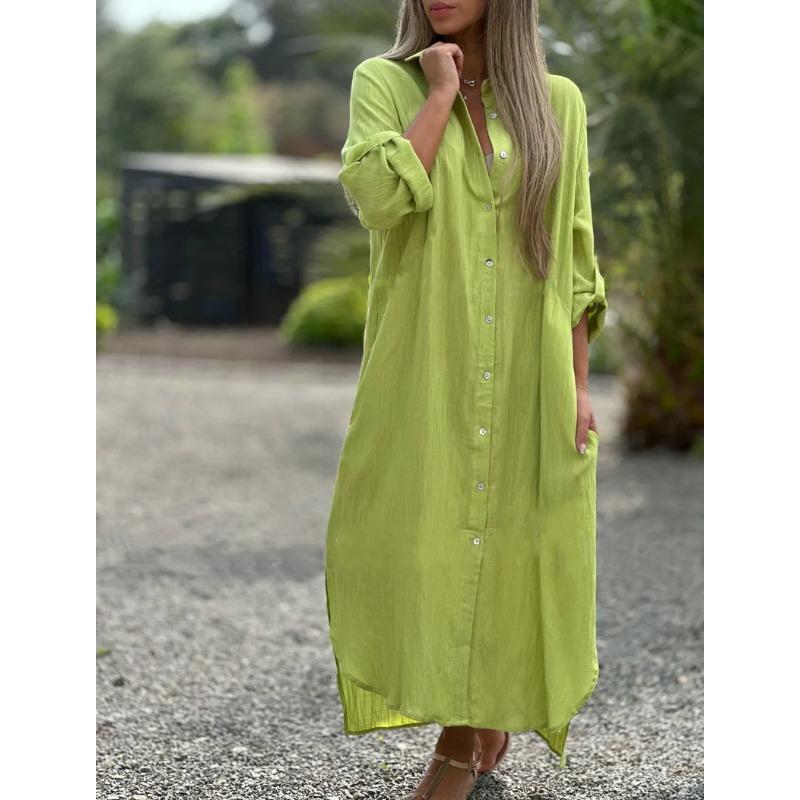 Übergröße Damen Hemd Langes Kleid Mode Lässig Langarm Cardigan Kleider 4XL gelb-grün von Joom DACH