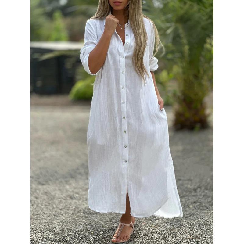 Übergröße Damen Hemd Langes Kleid Mode Lässig Langarm Cardigan Kleider 4XL weiß von Joom DACH