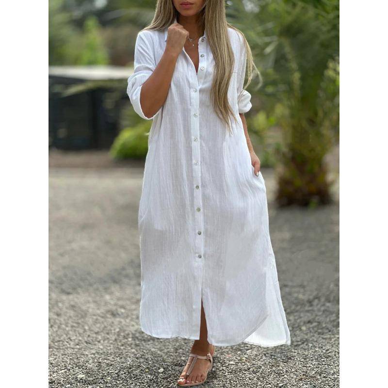 Übergröße Damen Hemd Langes Kleid Mode Lässig Langarm Cardigan Kleider 4XL weiß von Joom DACH