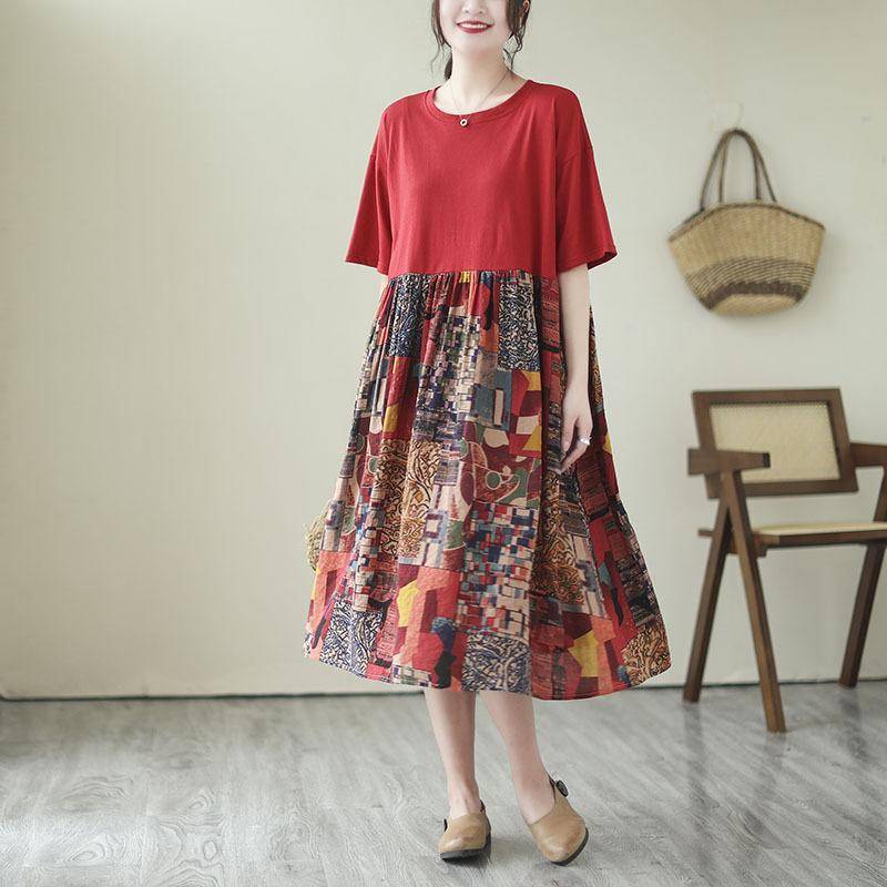 Übergröße Damen Neu Baumwolle Sommer Langes Basic Übergröße O-Ausschnitt Lässig Kurzarm Print Kleid One Size von Joom DACH