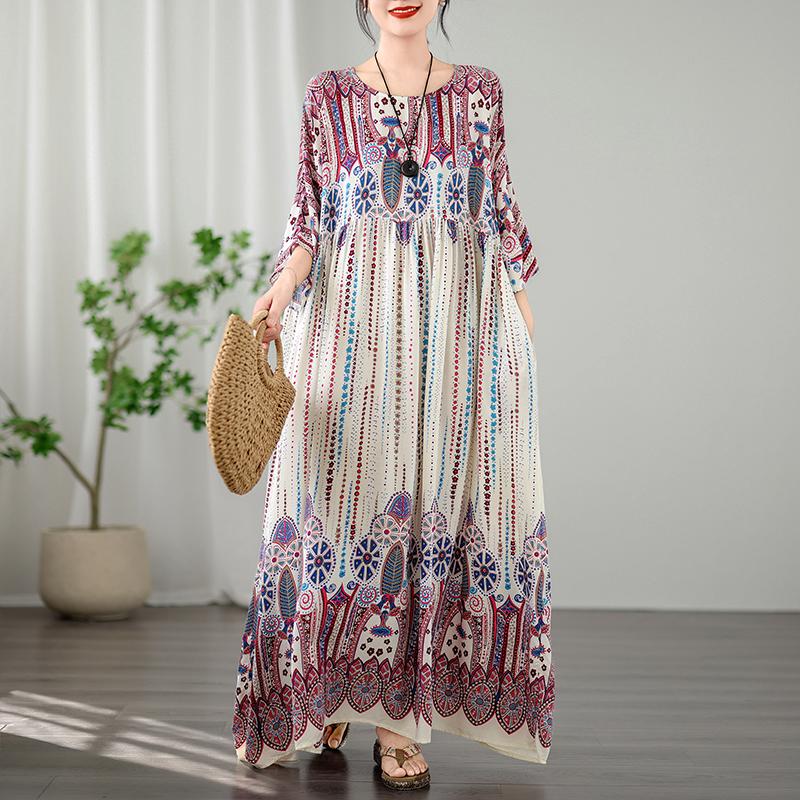 Übergröße Damen Neu Vintage Sommer Lang Basic Lässig Blumendruck Urlaub O-Ausschnitt Übergröße Strand T-Shirt Kleid One Size weiß von Joom DACH