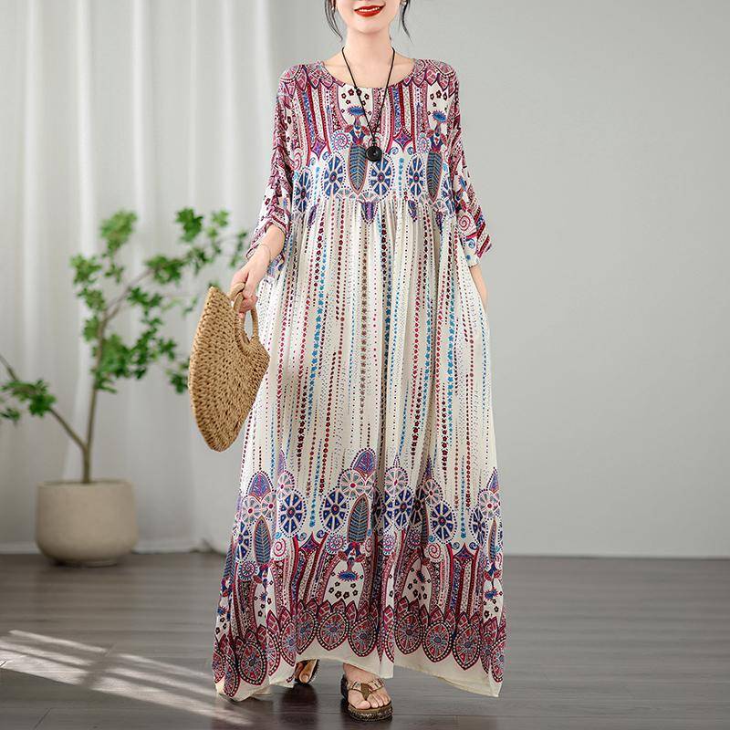 Übergröße Damen Neu Vintage Sommer Lang Basic Lässig Blumendruck Urlaub O-Ausschnitt Übergröße Strand T-Shirt Kleid One Size weiß von Joom DACH