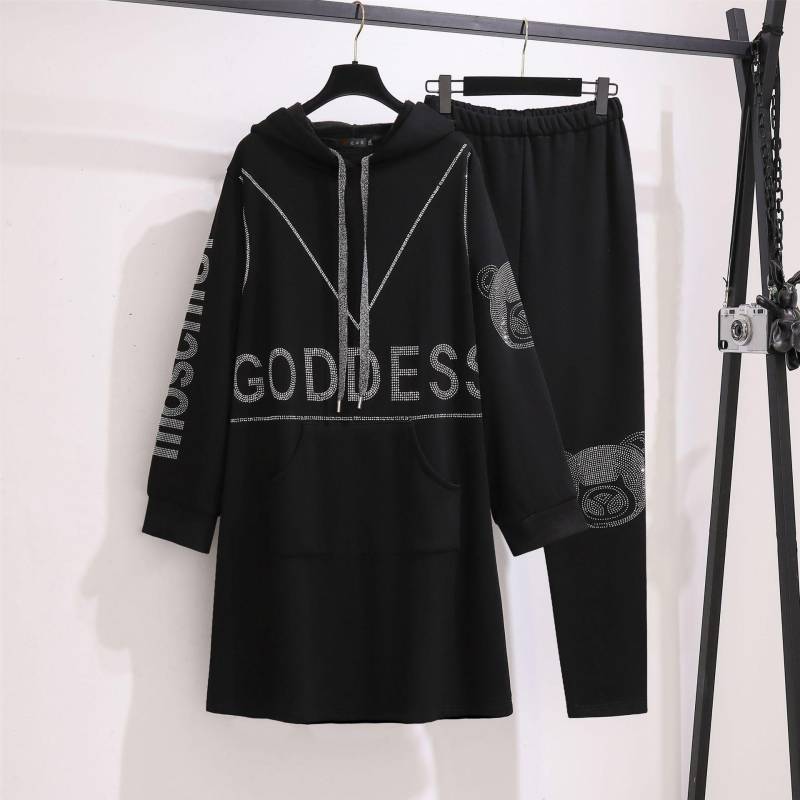 Übergröße Damen Neues, mit Diamanten besetztes, mittellanges Sweatkleid mit Jogginghose aus Samt, zweiteiliger Anzug 3XL schwarz von Joom DACH