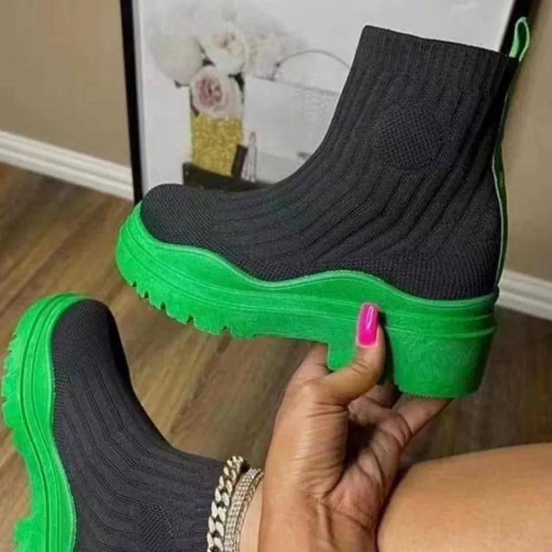 Übergröße Damen Schuhe Knöchel Damen Stiefel Plateau Stretch Stiefel Damen Runde Zehenpartie Slipper Mittelhoher Absatz Gestrickte Schuhe Damen 35 grün von Joom DACH