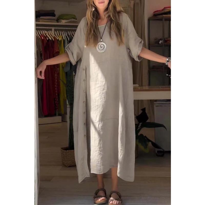 Übergröße Damen Sommer Locker Lässig Einfarbig Kurzarm Baumwollleinenkleid Langes Kleid 2XL khaki von Joom DACH