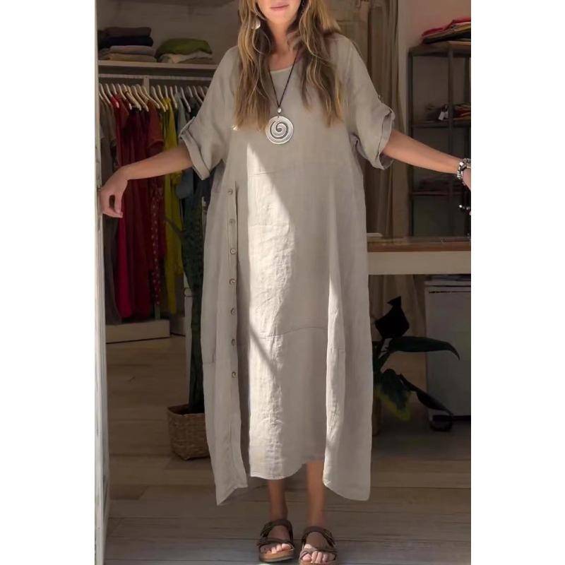 Übergröße Damen Sommer Locker Lässig Einfarbig Kurzarm Baumwollleinenkleid Langes Kleid 2XL khaki von Joom DACH
