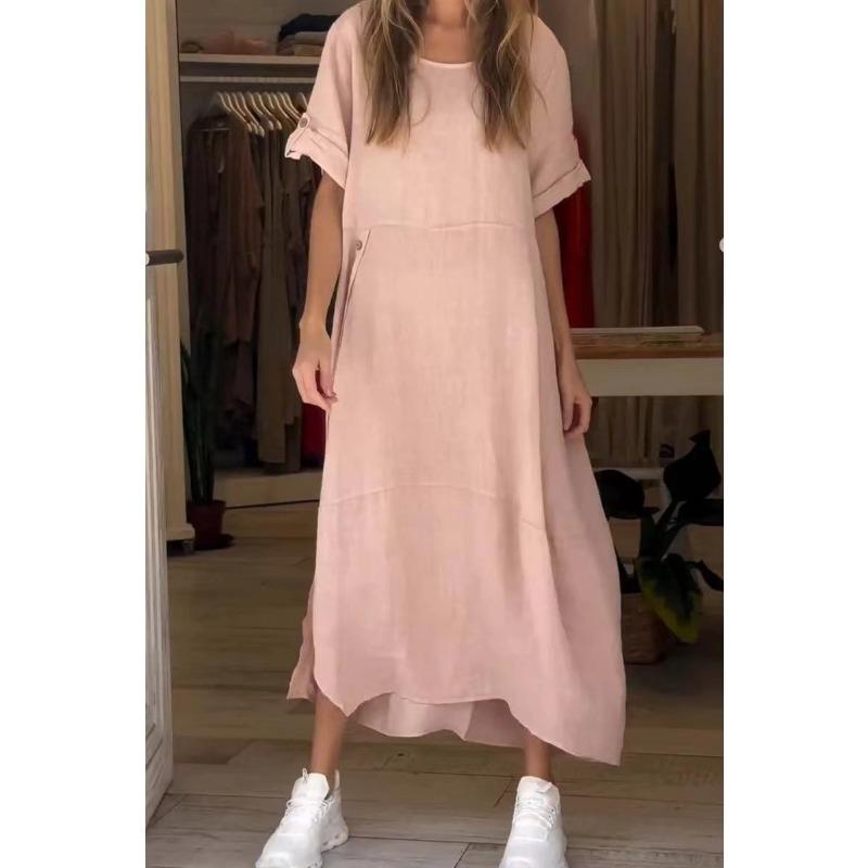 Übergröße Damen Sommer Locker Lässig Einfarbig Kurzarm Baumwollleinenkleid Langes Kleid 4XL rosa von Joom DACH